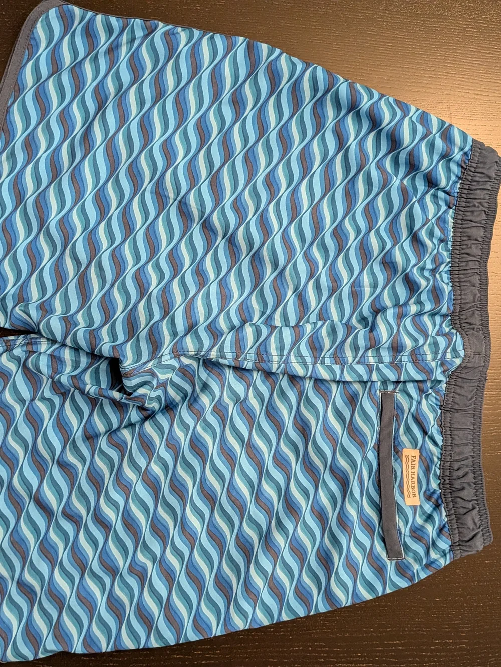 Fair Harbor Men's Blue Wave-Print Swim Trunks with Tan Drawstring